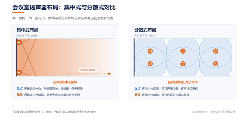 会议室扬声器集中式布局与分散式布局声场对比图：集中式声像定位一致、后排直达声偏弱；分散式声场均匀度高、声像定位偏弱需分区延时与增益校准